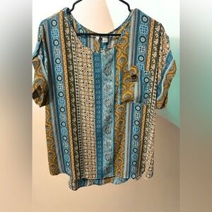 Cato Bohemian Blue and Gold Patterned Short Sleeve Top floral and geometric